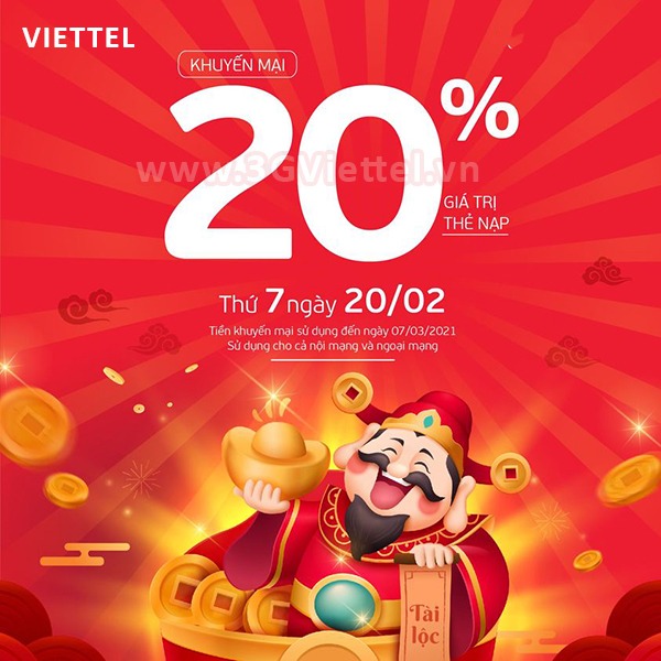Viettel khuyến mãi ngày 20/2/2021 ưu đãi 20% giá trị tiền nạp bất kỳ