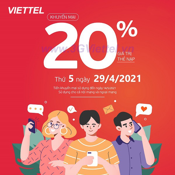 Viettel khuyến mãi ngày 29/4/2021 ưu đãi 20% tiền nạp ngày vàng