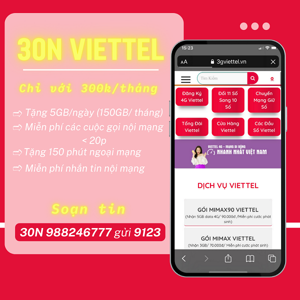 Đăng ký gói cước 30N Viettel miễn phí data, SMS, gọi thoại thả ga