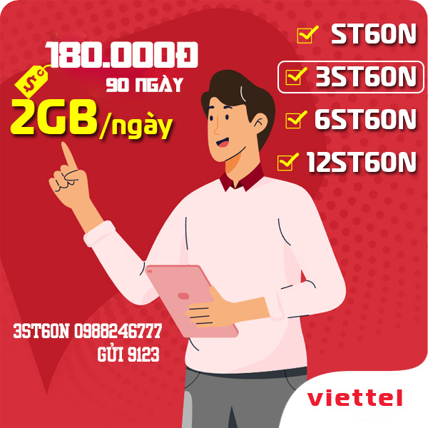 Đăng ký gói cước 3ST60N Viettel miễn phí data 4G dùng thả ga 90 ngày 