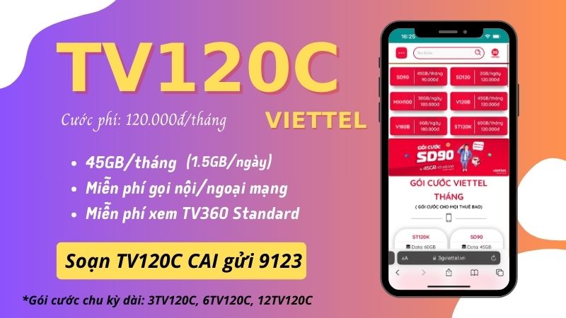 Đăng ký gói cước TV120C Viettel có 45GB và gọi miễn phí