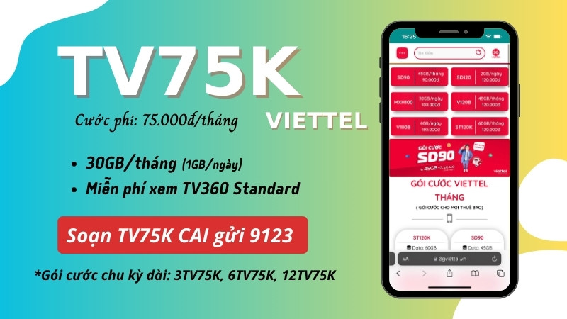 Đăng ký gói cước TV75K Viettel có 30GB data dùng 30 ngày 