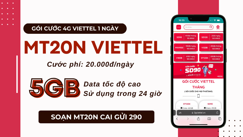 Đăng ký gói cước MT20N Viettel có 5GB data dùng cả ngày 