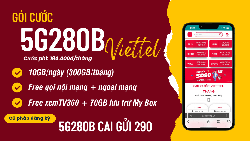 Đăng ký gói cước 5G280B Viettel nhận 180GB data, gọi free cả tháng