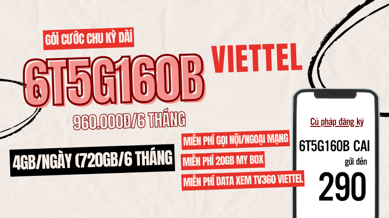 Đăng ký gói cước 6T5G160B Viettel rinh combo ưu đãi data, gọi và các tiện ích khác