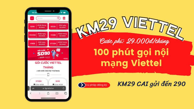 Đăng ký gói cước KM29 Viettel miễn phí gọi nội mạng Viettel cả tháng 